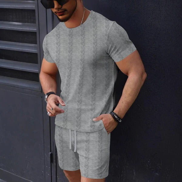 Ensemble Homme T-shirt et Short – Maille Texturée – Coupe Standard – Col Rond – Taille Cordon