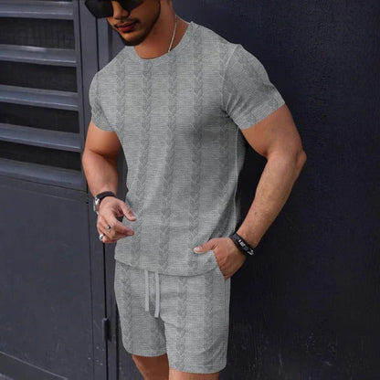 Ensemble Homme T-shirt et Short – Maille Texturée – Coupe Standard – Col Rond – Taille Cordon