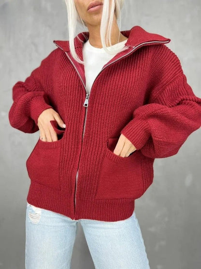 Veste femme en maille – Coupe ample – Texture côtelée – Zip frontal – Poches à rabat
