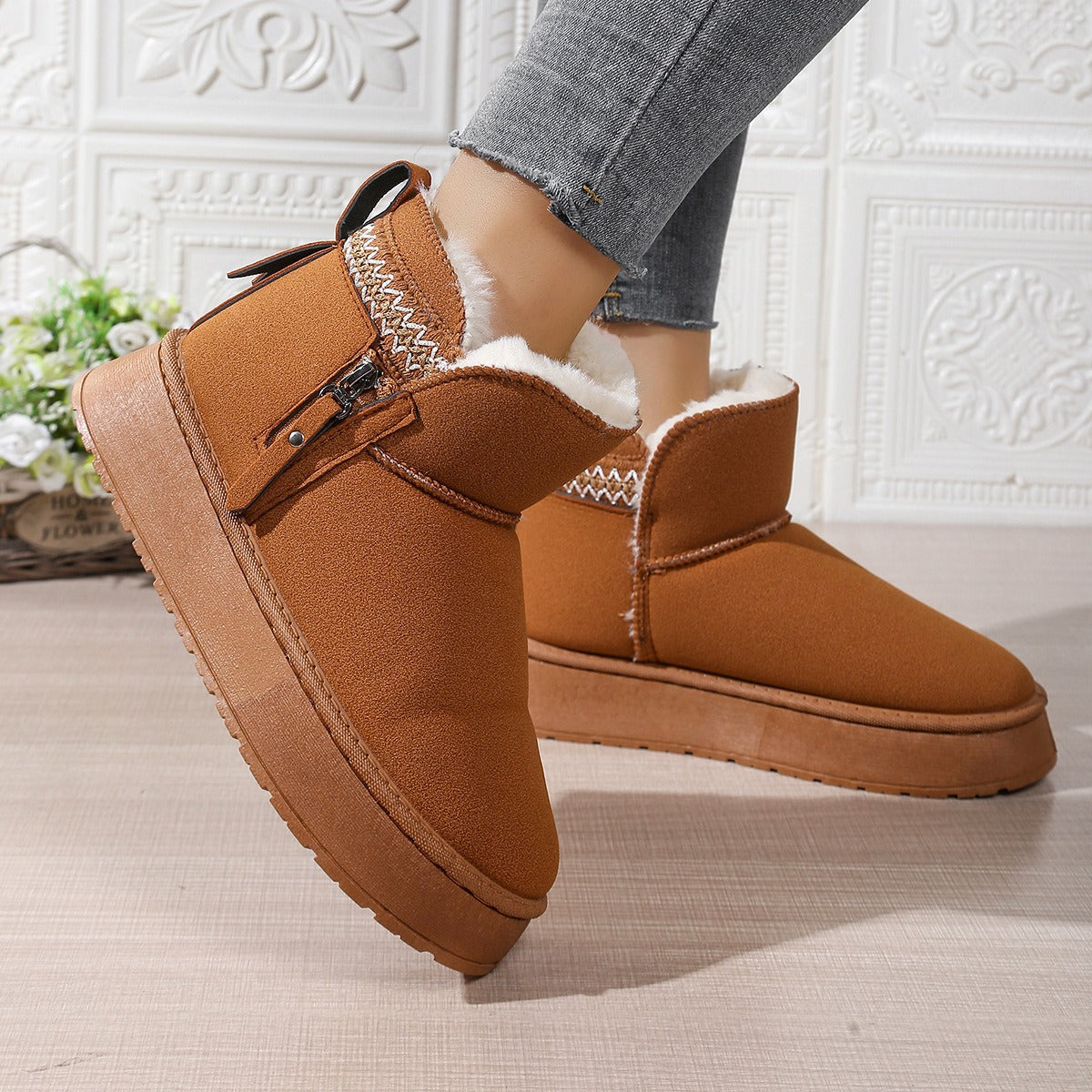 Bottes de neige femme – Doublure chaude – Semelle épaisse – Tige basse – Zip latéral