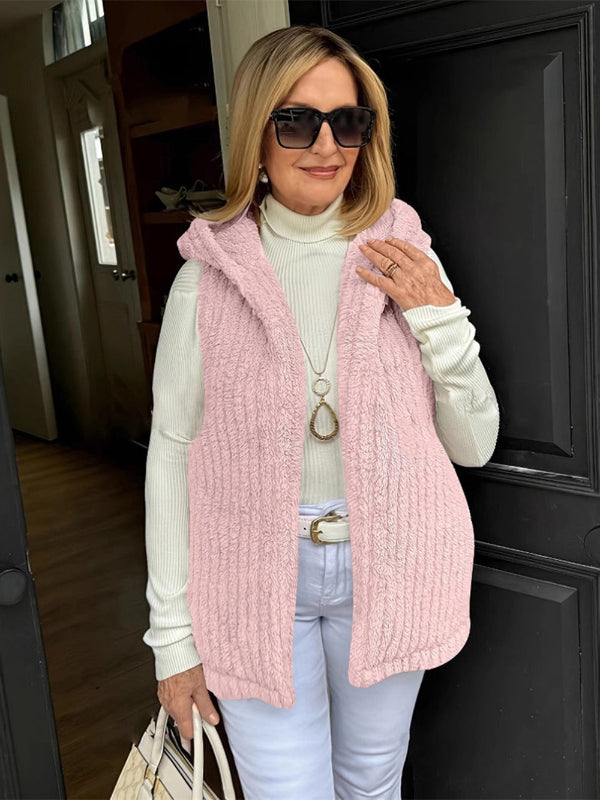 Gilet sans manches femme – Capuche – Tissu doux peluche – Coupe décontractée