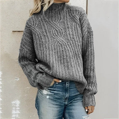 Pull femme – Coupe oversize – Tricot torsadé – Épaules tombantes – Col montant