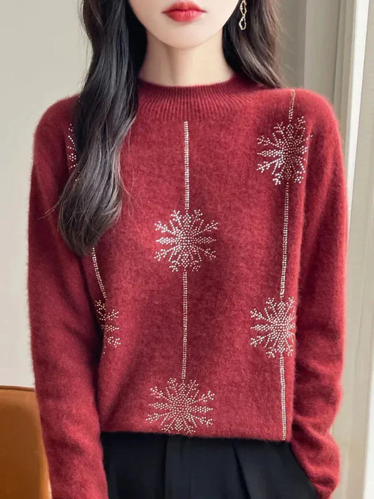 Femme Pull - Maille Pelucheuse - Coupe Décontractée - Col Montant Côtelé - Motif Flocon Scintillant