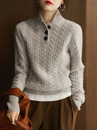 Femme Pull - Maille Texturée - Coupe Décontractée - Col Montant - Manches Longues