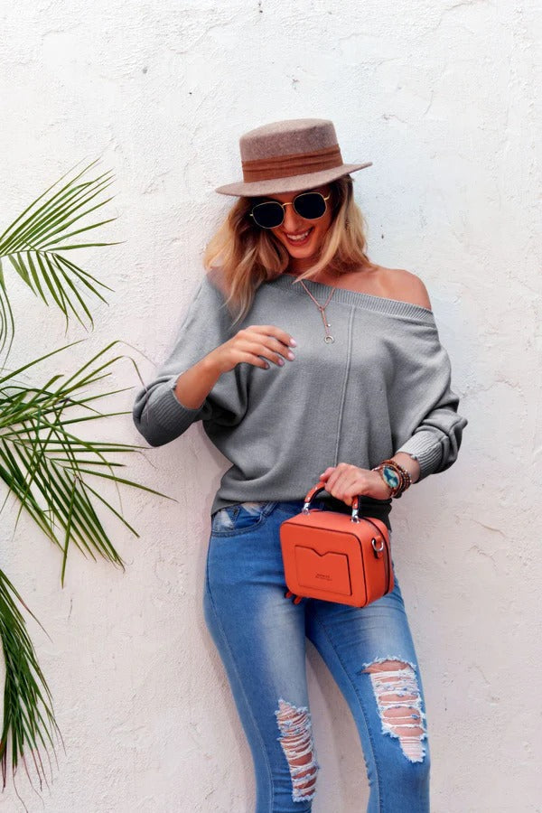 Pull femme en maille – Coupe oversize – Épaules dénudées – Manches larges – Laine douce