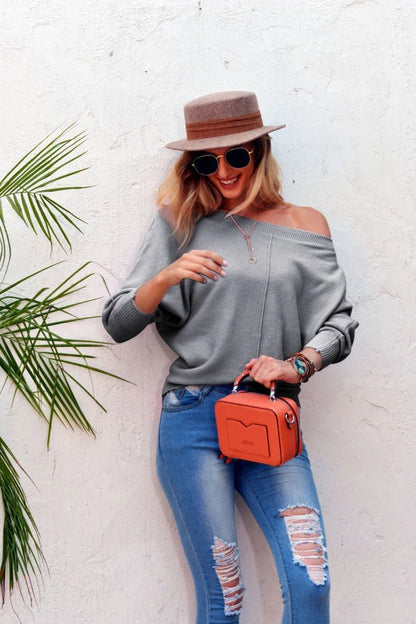 Pull femme en maille – Coupe oversize – Épaules dénudées – Manches larges – Laine douce