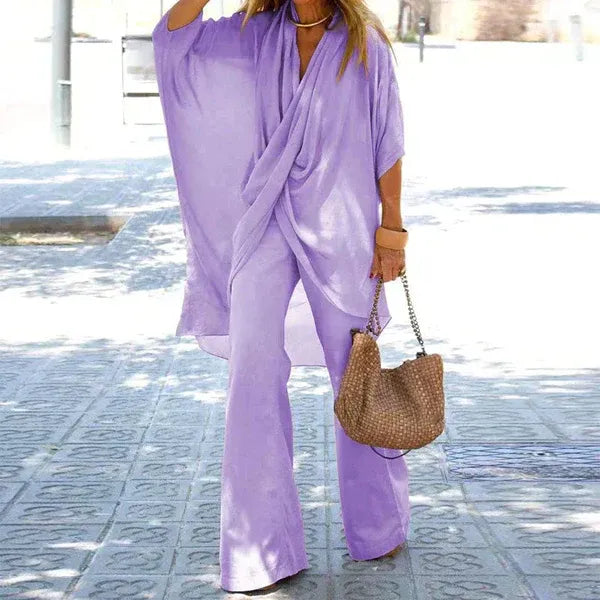Ensemble femme deux pièces – Haut drapé fluide – Pantalon large – Coton léger