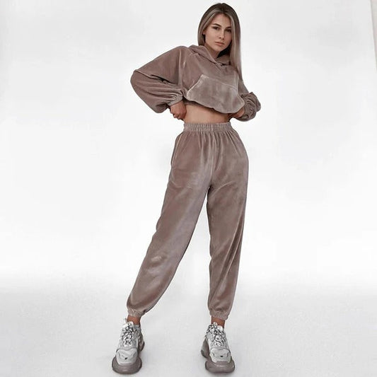 Ensemble détente femme – Velours doux – Hoodie court ample – Pantalon large舒eré