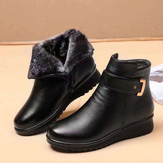 Bottines femme – Similicuir lisse – Doublure chaude – Semelle antidérapante – Boucle déco