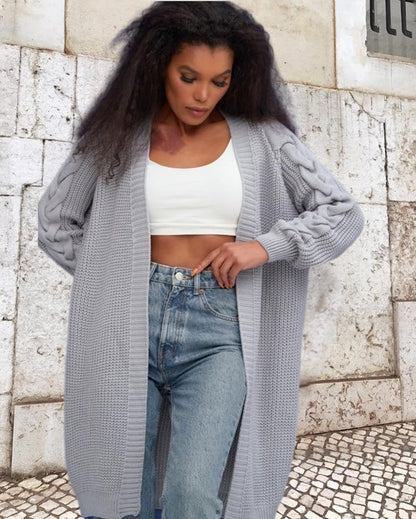 Manteau femme en maille – Laine épaisse – Coupe oversize – Manches torsadées – Long ouvert