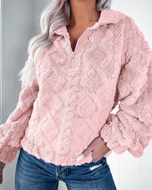 Pull femme – Coupe décontractée – Effet fourrure doux – Motif matelassé – Demi-zip