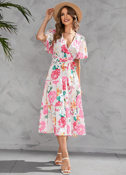 Robe midi femme – Décolleté cache-cœur – Manches courtes – Ceinture à nouer – Jupe à volants
