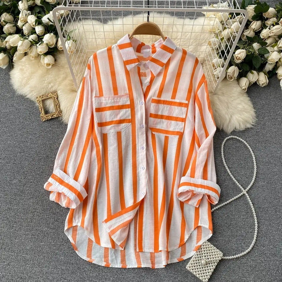 Veste chemise femme – Coupe ample – Rayures verticales – Coton léger – Boutonnée