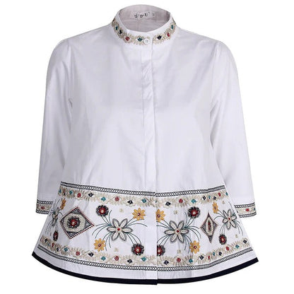Blouse femme – Coupe décontractée – Coton doux – Col montant – Détails brodés