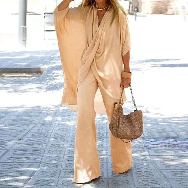Ensemble femme deux pièces – Haut drapé fluide – Pantalon large – Coton léger
