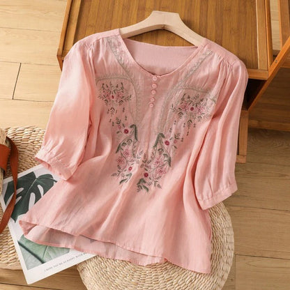 Blouse femme – Coupe décontractée – Tissu coton – Broderie florale – Manches 3/4