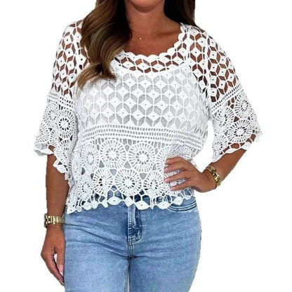 Blouse femme – Coupe décontractée – Maille crochet – Ourlet festonné – Manches 3/4