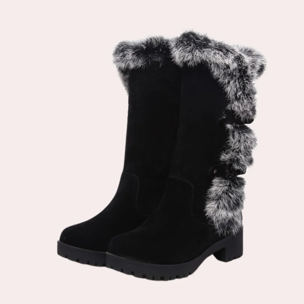 Bottes femme hauteur genou – Effet suédé – Bordure fausse fourrure – Semelle crantée – Coupe élégante