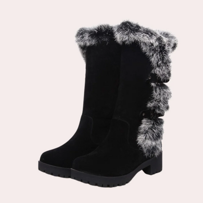 Bottes femme hauteur genou – Effet suédé – Bordure fausse fourrure – Semelle crantée – Coupe élégante