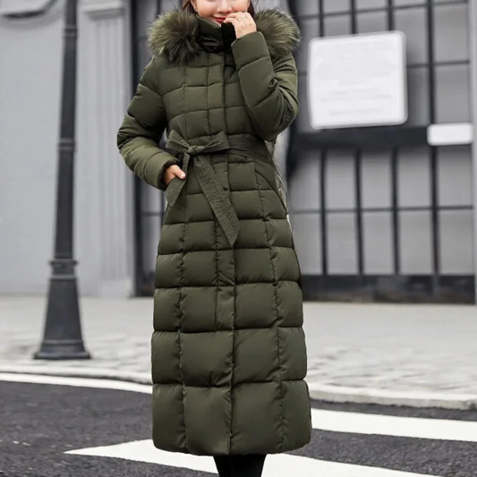 Manteau long femme – Matelassé isolant – Ceinture cintrée – Capuche en fausse fourrure