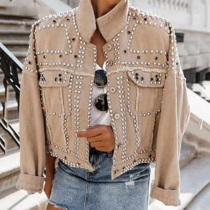Veste femme courte – Style denim – Coupe décontractée – Clous décoratifs