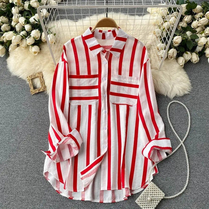 Veste chemise femme – Coupe ample – Rayures verticales – Coton léger – Boutonnée