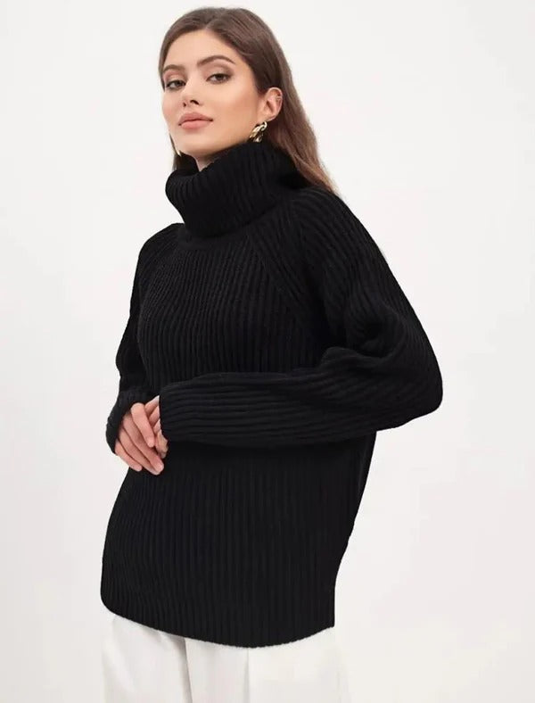 Pull Femme – Col Roulé Haut – Coupe Décontractée – Maille Côtelée en Laine