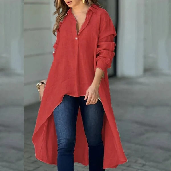 Blouse femme – Coupe ample – Manches longues – Ourlet asymétrique – Tissu coton