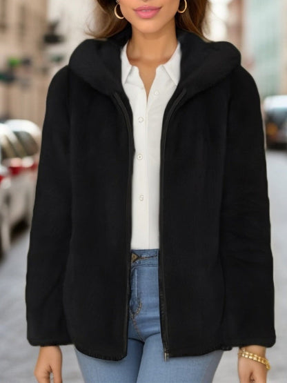 Veste zippée femme – Fausse fourrure – Doublée sherpa – Coupe ample – Capuche