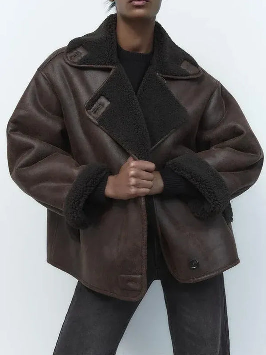 Veste en cuir femme – Coupe oversize – Col et poignets en shearling – Style vintage