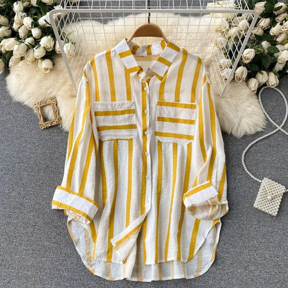 Veste chemise femme – Coupe ample – Rayures verticales – Coton léger – Boutonnée