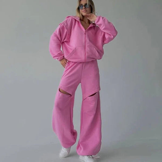 Ensemble loungewear femme – Coupe oversize – Hoodie zippé – Pantalon large à découpes