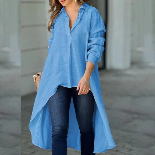 Blouse femme – Coupe ample – Manches longues – Ourlet asymétrique – Tissu coton