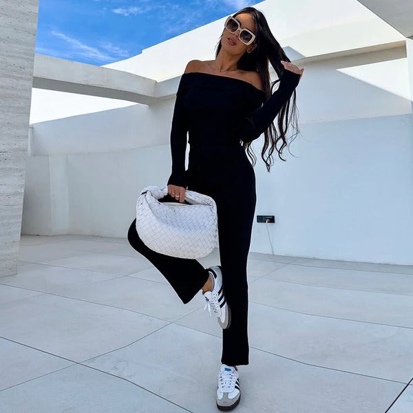 Combinaison femme – Coupe slim – Épaules dénudées – Maille stretch – Jambe évasée