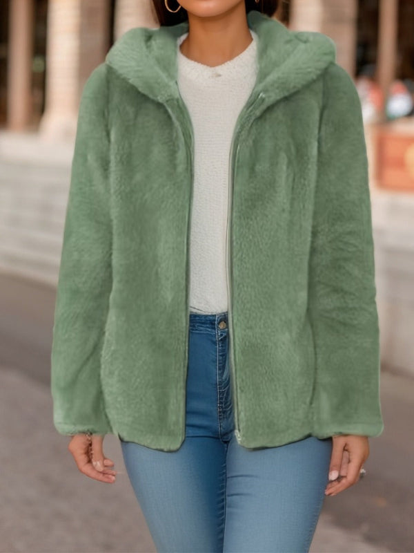 Veste zippée femme – Fausse fourrure – Doublée sherpa – Coupe ample – Capuche