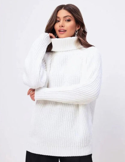 Pull Femme – Col Roulé Haut – Coupe Décontractée – Maille Côtelée en Laine