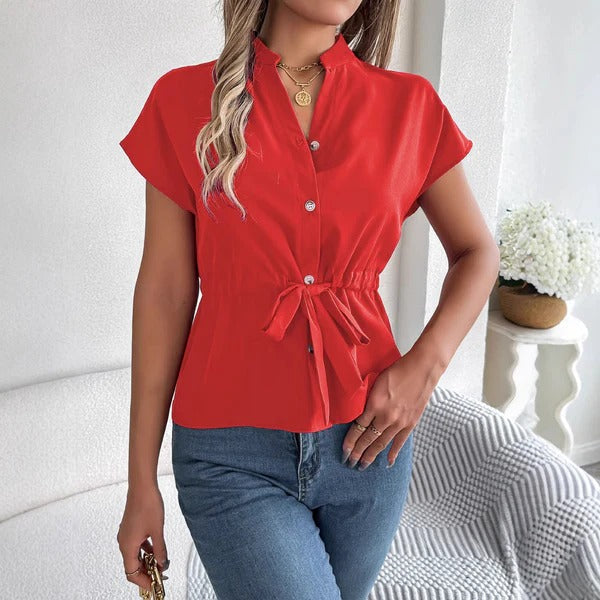 Blouse femme – Coupe cintrée – Liens à la taille – Manches courtes – Boutonnage devant