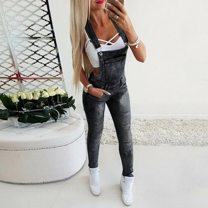 Salopette femme – Coupe slim – Jean délavé – Bretelles réglables – Style décontracté