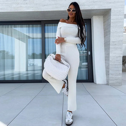 Combinaison femme – Coupe slim – Épaules dénudées – Maille stretch – Jambe évasée