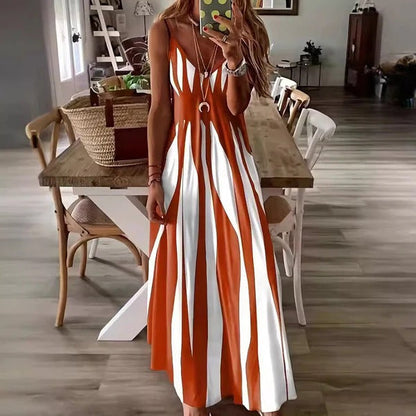 Robe longue femme – Coupe fluide – Sans manches – Décolleté V – Rayures verticales