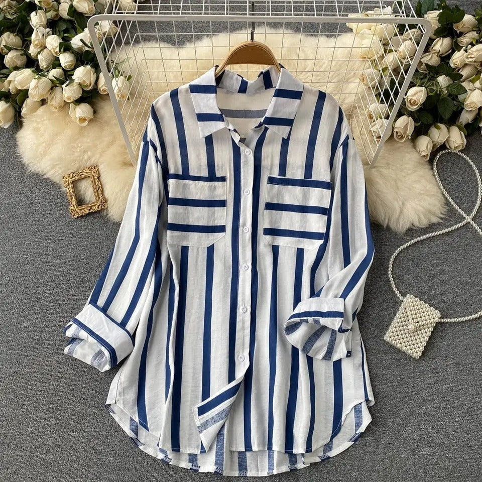 Veste chemise femme – Coupe ample – Rayures verticales – Coton léger – Boutonnée