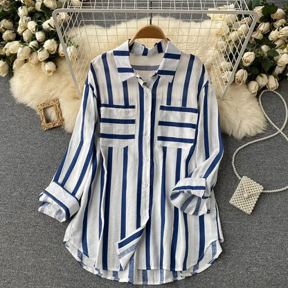 Veste chemise femme – Coupe ample – Rayures verticales – Coton léger – Boutonnée