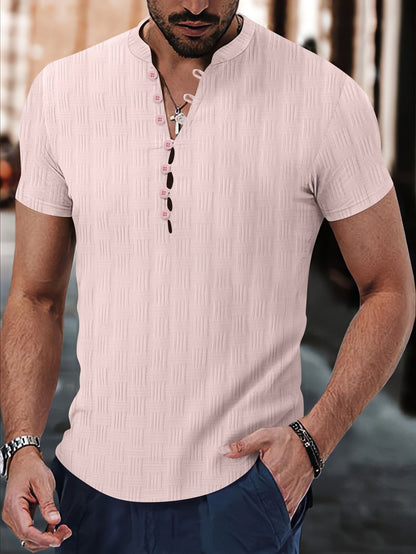 T-shirt Henley homme – Coupe slim – Tissu jacquard – Manches courtes casual