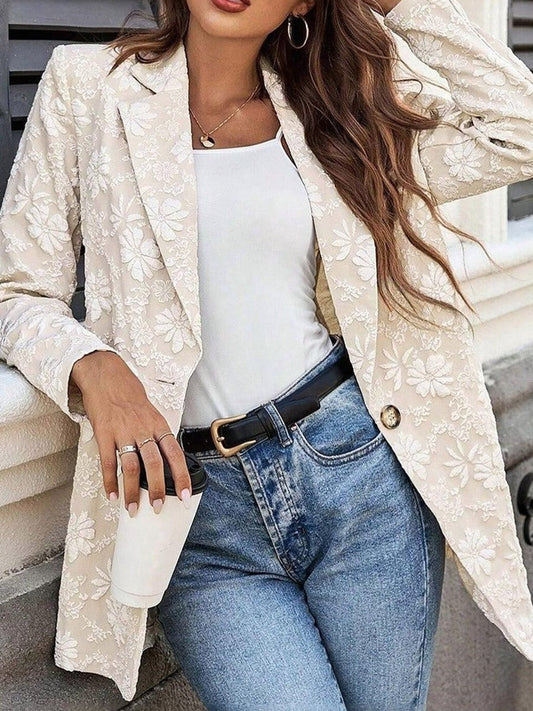 Femme Blazer - Tissu Tissé Floral Structuré - Coupe Cintrée - Col Revers Crantés - Manches Longues