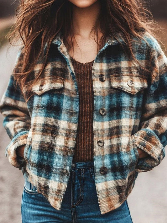 Femme Veste - Laine Mélangée - Coupe Décontractée - Col Pointu - Motif À Carreaux
