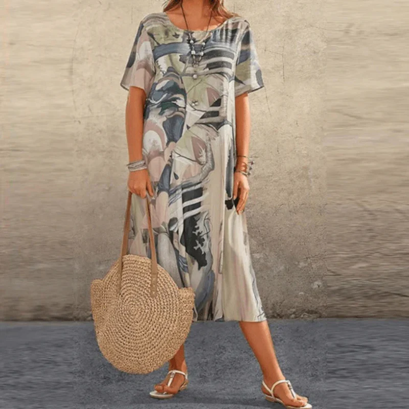 Robe midi femme – Coton léger – Coupe décontractée – Manches courtes – Imprimé abstrait