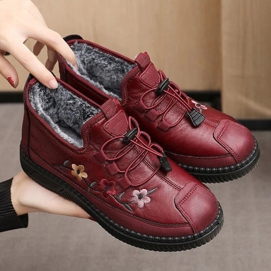 Chaussures femme – Similicuir structuré – Broderie florale – Doublure chaude – Cheville