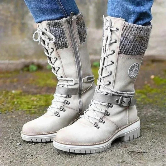 Bottes femme hauteur genou – Laçage frontal – Zip latéral – Revers en maille laine