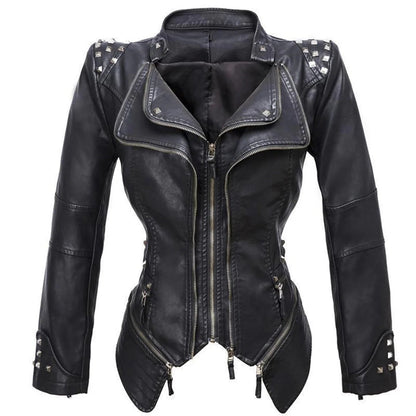 Veste biker femme – Coupe slim – Épaules cloutées – Fermeture zippée asymétrique