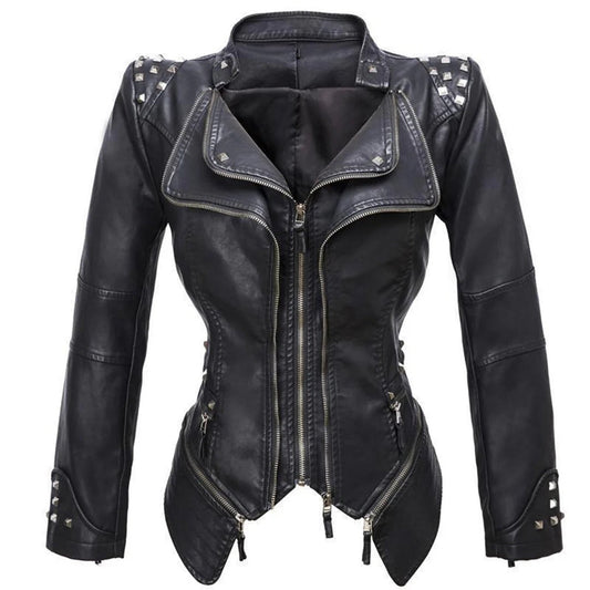 Veste biker femme – Coupe slim – Épaules cloutées – Fermeture zippée asymétrique